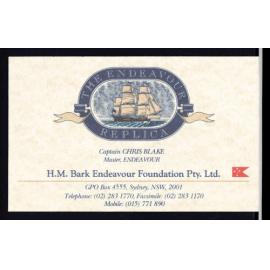 Business card of Captain Chris Blake,  Master, HM Bark Endeavour