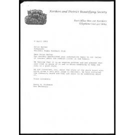 Letter from Nancy M. Pickmere; Secretary of the Kerikeri and District Beautifying Society and Brian Mather; Treasurer of the Kerikeri Rugby Football Club