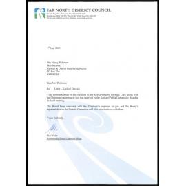Letter from Nancy Pickmere; Secretary of the Kerikeri and District Beautifying Society and Sue White; Community Board Liaison Officer; Far North District Council