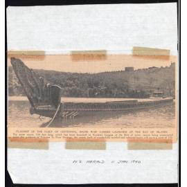 Flagship of the fleet of centennial Maori war canoes launched at the Bay of Islands